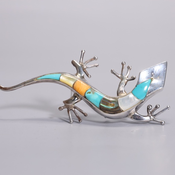 Native American Multi Gem Inlay Lizard Gecko Sterling Silver Brooch Pendant - Picture 4 of 7